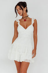 Short Notice Ruffle Strap Lace Mini Dress White